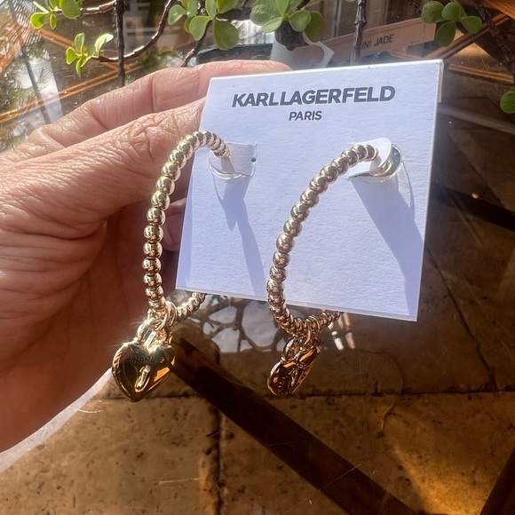 KARL LAGERFELD PARIS Gold-Tone Logo & Pavé Heart Padlock Charm Beaded C-Hoop - Picture 7 of 14